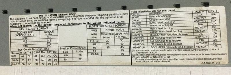 Siemens S1C42LH100CTF Dead Front Cover for Siemens 21 Space/42 Circuit Load Centers 12.5" X 36"