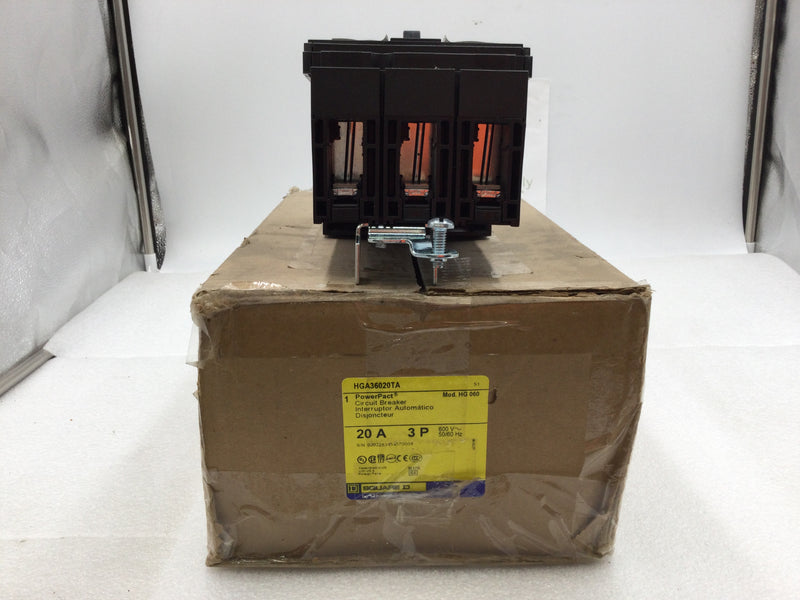 Square D HGA36020TA 3 Pole 20 Amp 600V Model PowerPact HG 060 Circuit Breaker