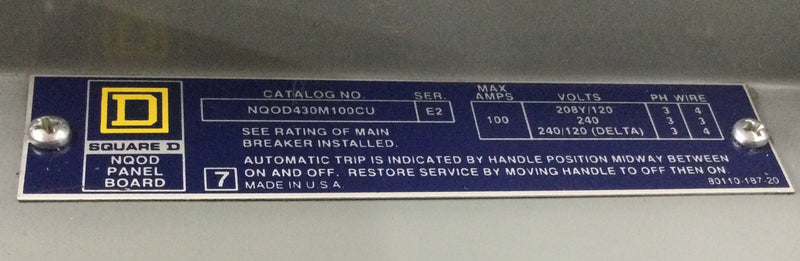 Square D NQOD430M100CU Series E2 18 Space 100 Amp 208Y/120V 3 Phase 4 Wire Panelboard Guts Only 12" X 25"