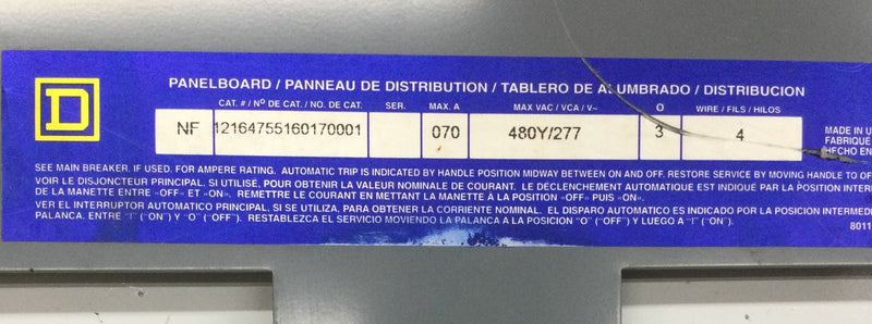 Square D Type NF 12164755160170001 70 Amp 30 Circuit 3 Phase 480Y/277 VAC Panel Board