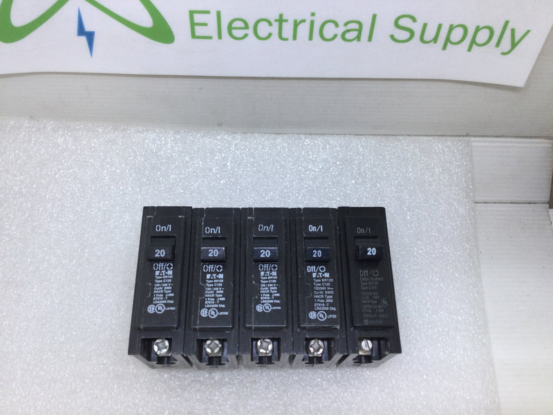 Lot of 5 - Eaton/Cutler Hammer BR120/C120 Single Pole 20A 120/240VAC Type BR Circuit Breaker