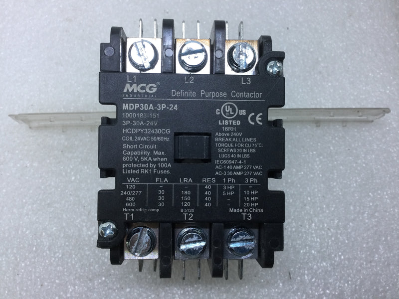 MCG Industries MDP30A-3P-24 Definite Purpose Contactor 24V 3-Phase 30FLA 120-600V