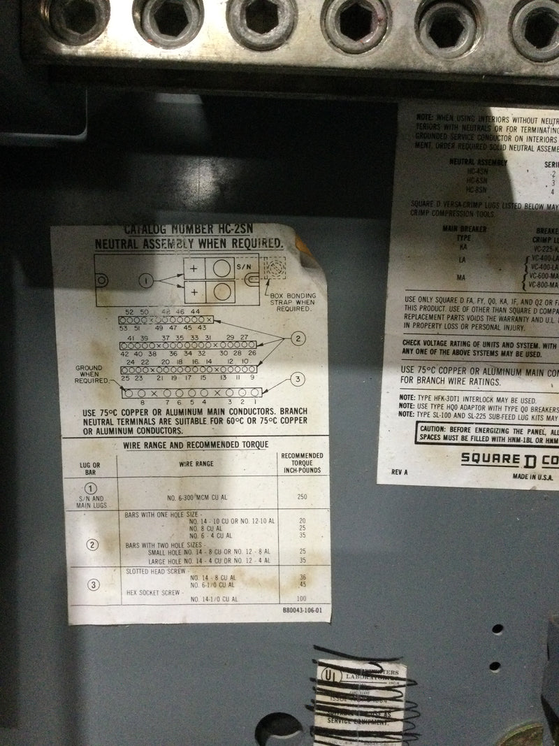 Square D 82444-596 225 Amp 277/480V 3 Phase 4 Wire Panelboard 73.5" x 32"