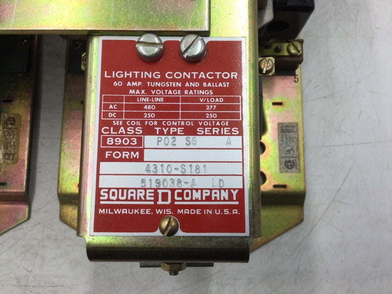 Square D 8903P02S5/8903P02S6 Dual Lighting Contactor 60 Amp 480VAC 250VDC Series A