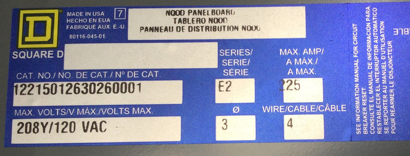 Square D 12215012630260001 NQOD Series E2 225 Amp Main Breaker Panelboard NQOD 42 Space/Circuit