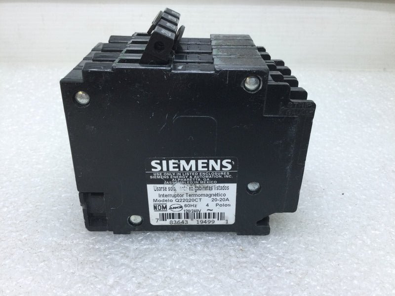 Siemens Q22020CT/CT2 20/20 Amp 120/240v 4 Pole 10k Type QT Circuit Breaker