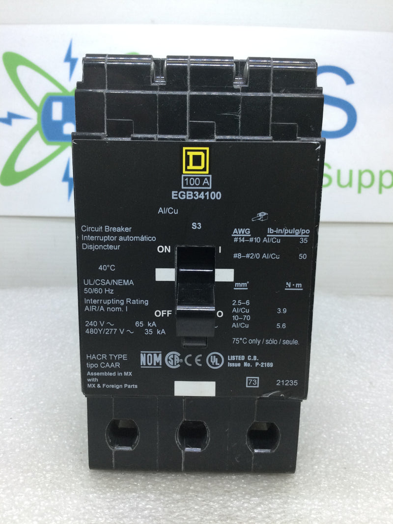 Square D EGB34100 3 Pole 480v/277v 100 Amp Circuit Breaker