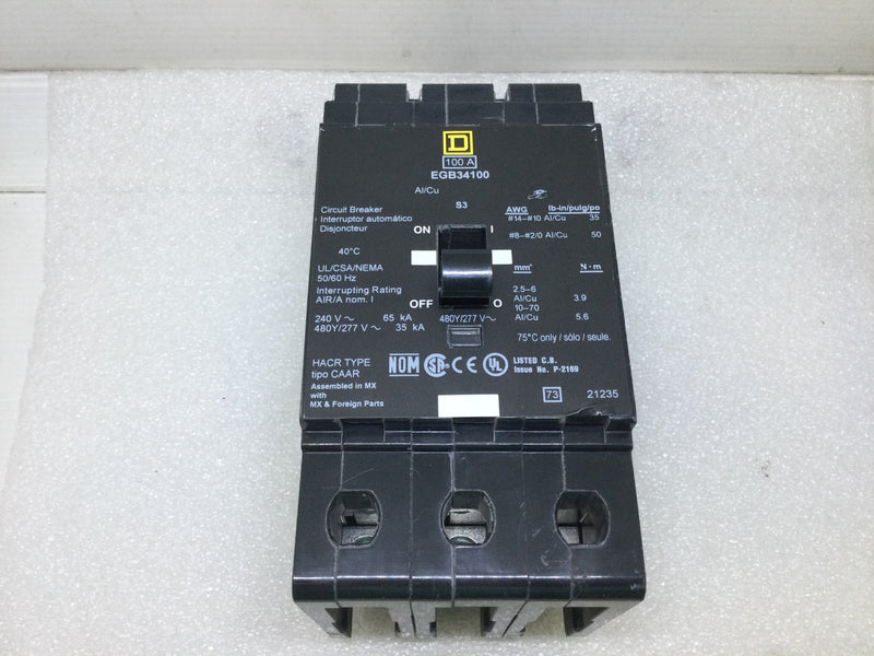 Square D EGB34100 3 Pole 480v/277v 100 Amp Circuit Breaker