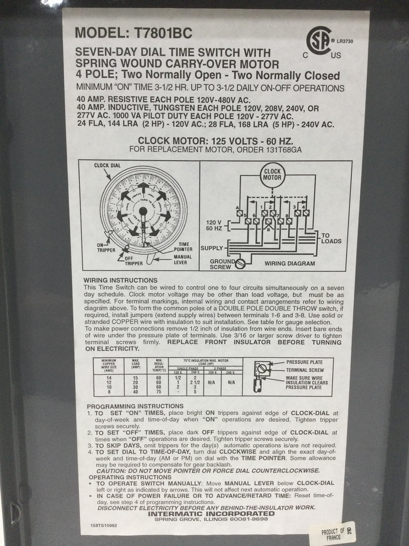 Intermatic T7801BC Seven-Day Dial Time Switch 4 Pole 2 NO/2 NC, Indoor Metal Enclosure, 3.5 Hour Interval