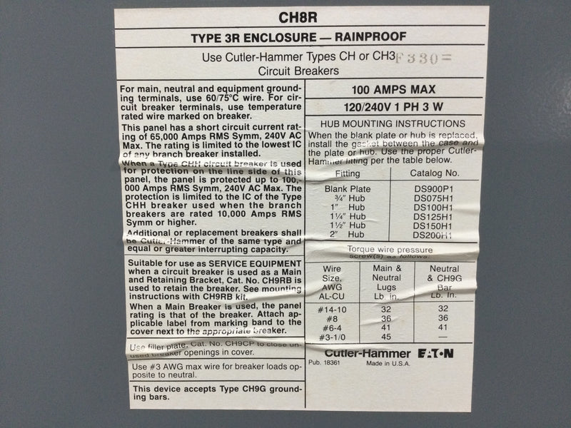 Eaton/Cutler-Hammer CH8R 16 Space, 100a, 120/240v, 1 Phase 3 Wire, Nema3r Enclosure B-9947 Panelboard