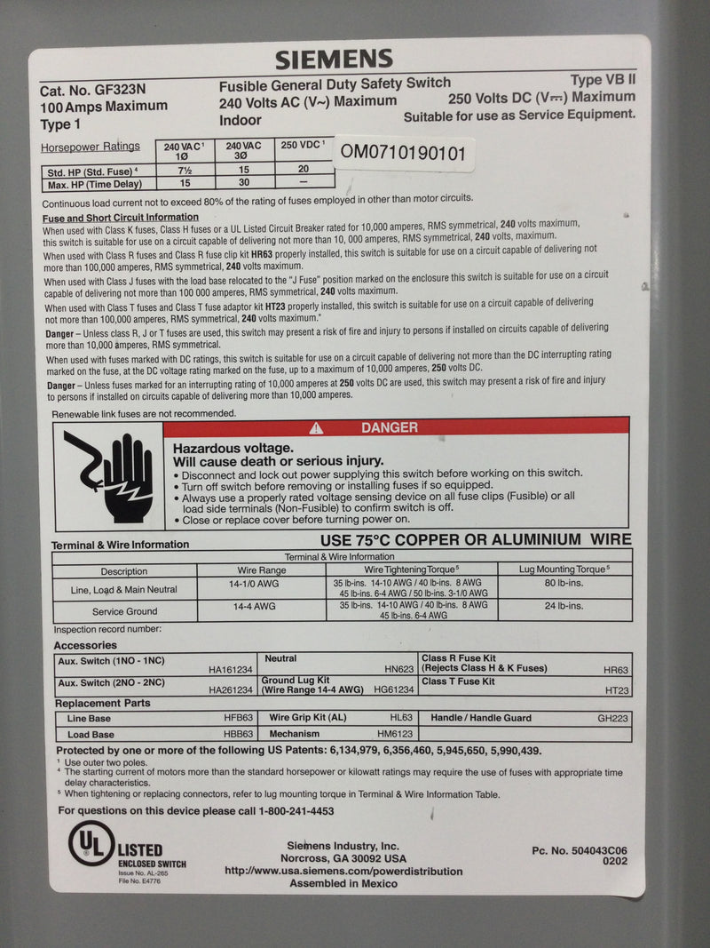 Siemens Fusible General Duty Safety Switch GF323N 100 Amp NEMA 1 240v 3-Pole 4-Wire