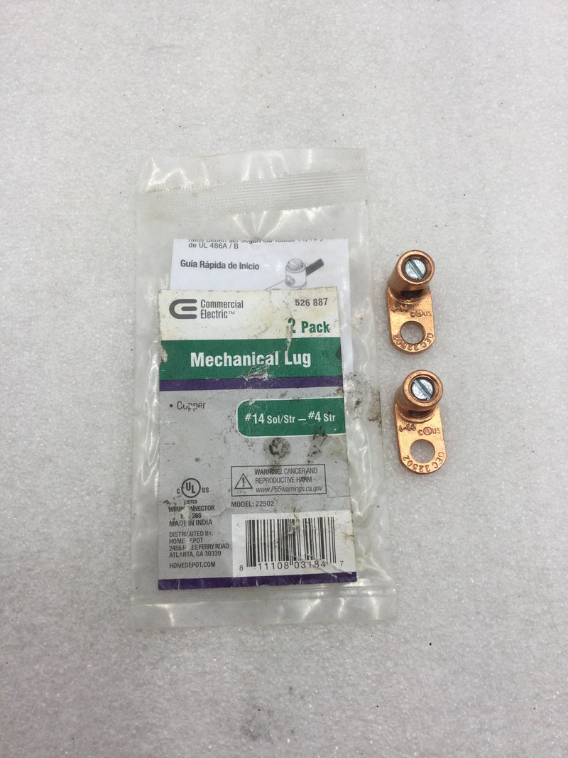 Commercial Electric 22502 #14 AWG to #4 AWG Copper Barrel Mechanical Lug (Pack 0f 2)