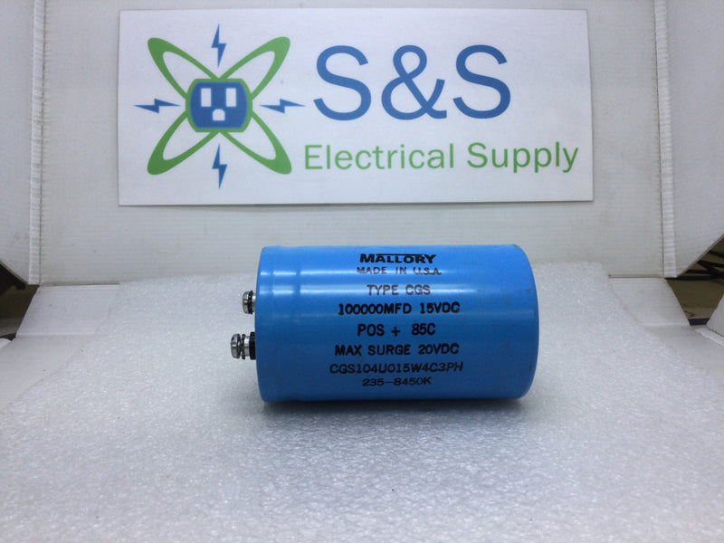 Mallory 235-8450K Type CGS 100000MFD 15 VDC POS + 85C Computer Grade Capacitor