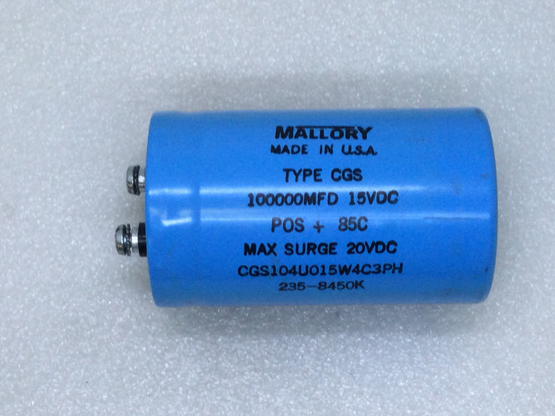 Mallory 235-8450K Type CGS 100000MFD 15 VDC POS + 85C Computer Grade Capacitor