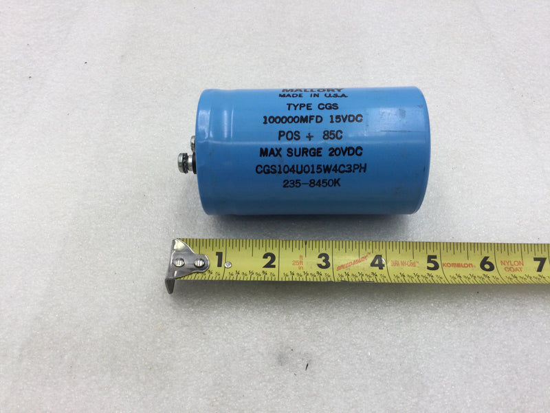 Mallory 235-8450K Type CGS 100000MFD 15 VDC POS + 85C Computer Grade Capacitor