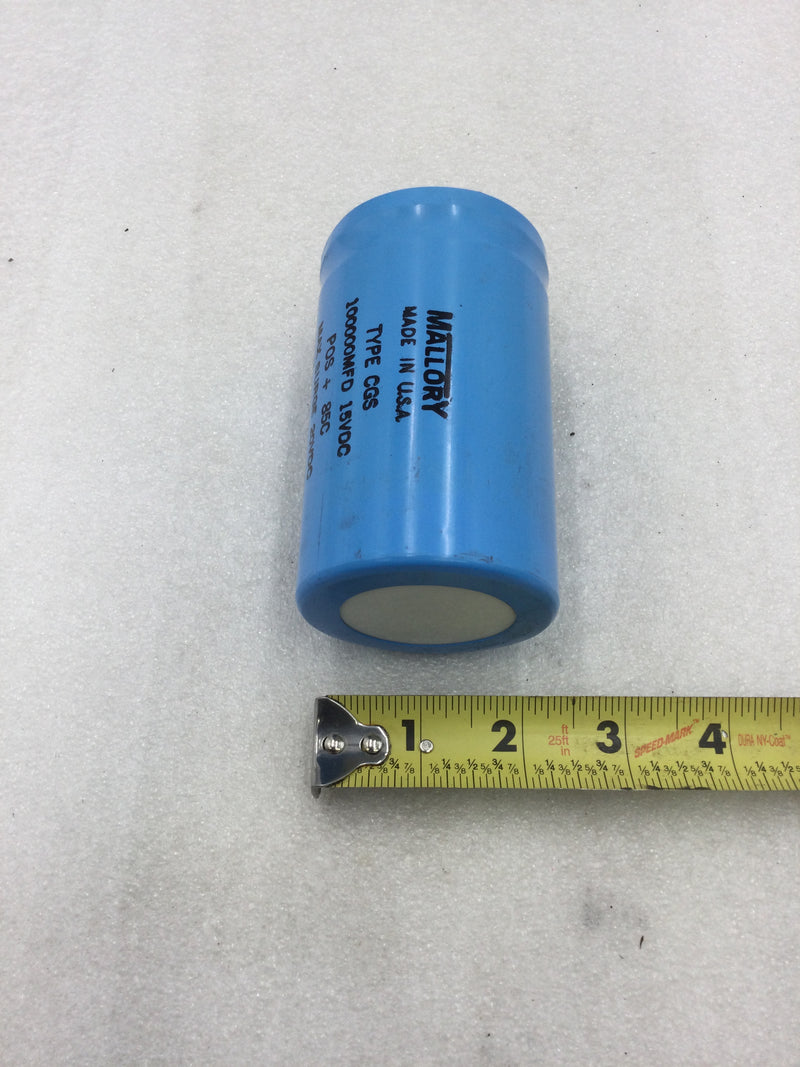 Mallory 235-8450K Type CGS 100000MFD 15 VDC POS + 85C Computer Grade Capacitor