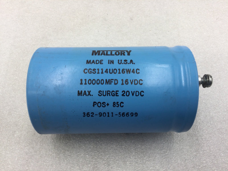 Mallory CGS114U916W4C Aluminum Electrolytic Capacitor 110000MFD 16 VDC POS+ 85C