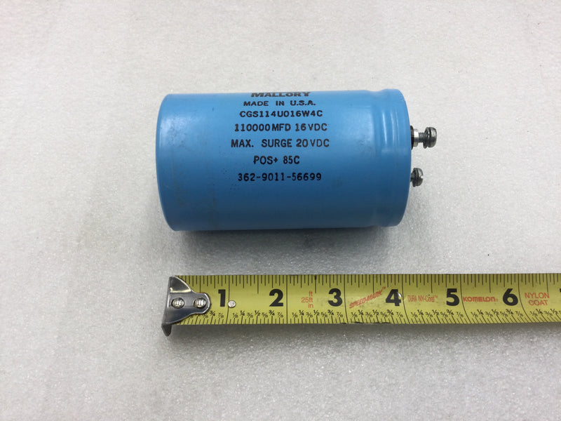 Mallory CGS114U916W4C Aluminum Electrolytic Capacitor 110000MFD 16 VDC POS+ 85C