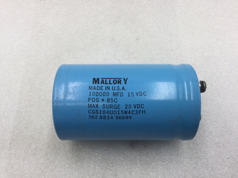 Mallory CGS104U015W4C3PH Aluminum Electrolytic Capacitor 100000MFD 15 VDC POS+ 85C