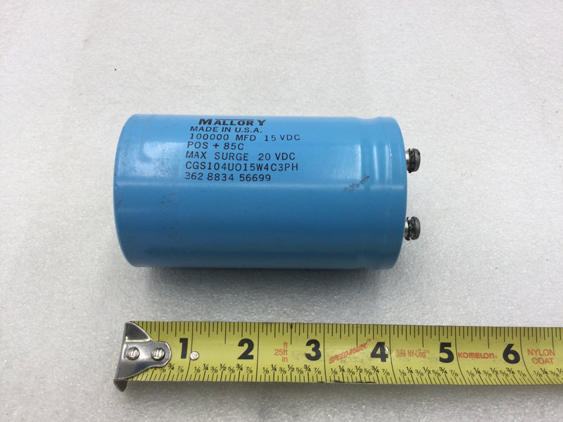 Mallory CGS104U015W4C3PH Aluminum Electrolytic Capacitor 100000MFD 15 VDC POS+ 85C