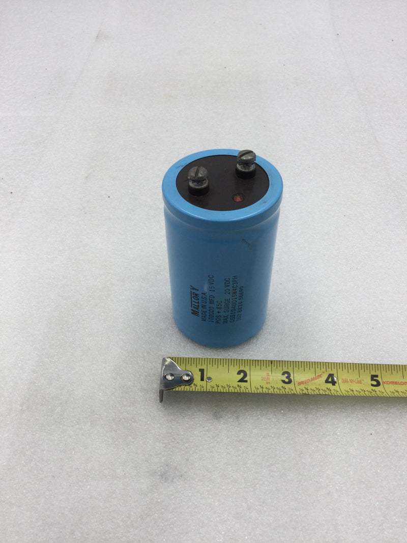 Mallory CGS104U015W4C3PH Aluminum Electrolytic Capacitor 100000MFD 15 VDC POS+ 85C