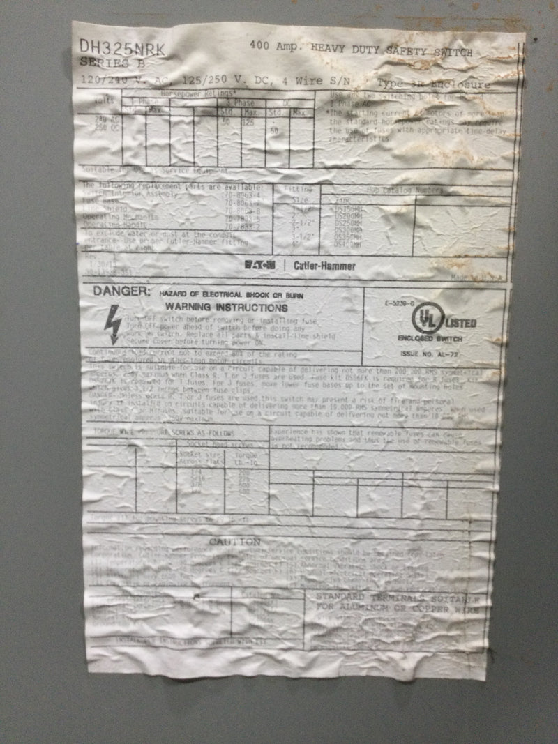 Eaton DH325NRK K Series Fusible Heavy Duty Single Throw Safety Switch Neutral, 240 VAC, 400 A 3 Poles