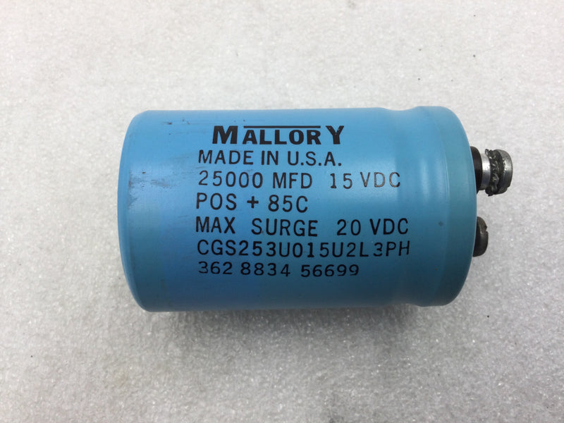 Mallory CGS253U015U2L3PH Aluminum Electrolytic Capacitor 25000MFD 15 VDC POS+ 85C