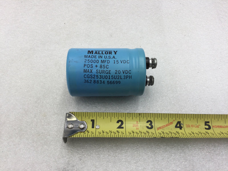 Mallory CGS253U015U2L3PH Aluminum Electrolytic Capacitor 25000MFD 15 VDC POS+ 85C