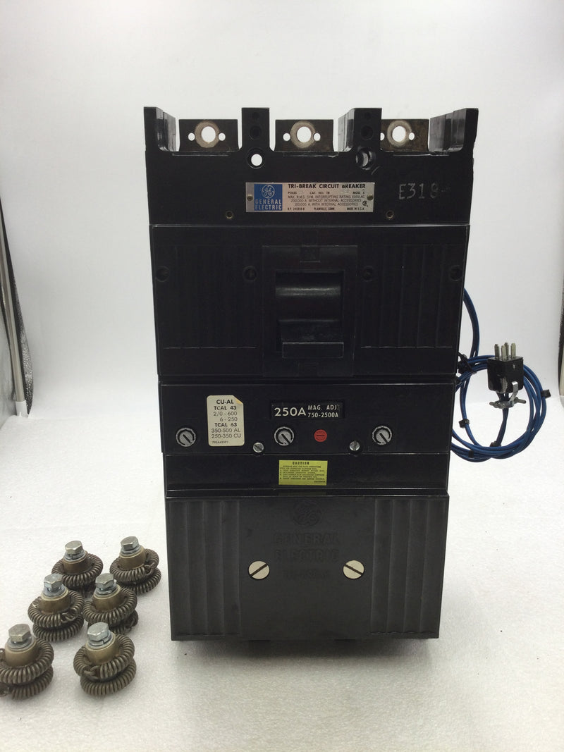 GE General Electric TB43F Tri-Break 3 Pole 600V 250 Amp Circuit Breaker w/Shunt Trip