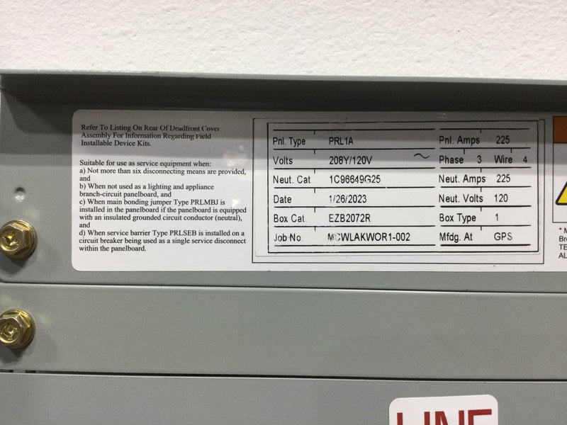 Eaton/Cutler-Hammer PRL1A 72 Space 208Y/120V 3Ph 225A Main Breaker Box No. EZB2072R