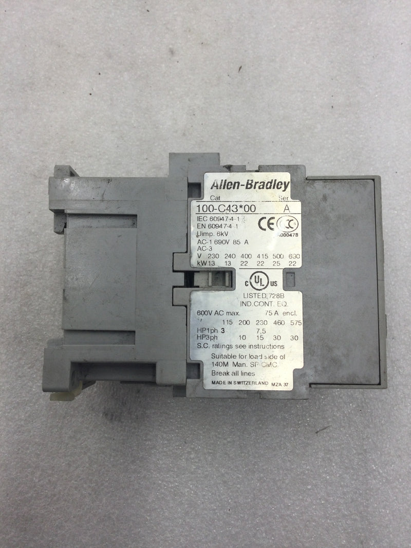 Allen-Bradley 100-C43*00 Series A 3 Pole Contactor with 120/115 Coil and 100-S Auxiliary Contact Module