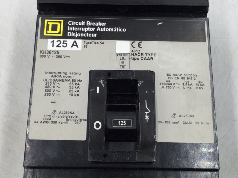 Square D KH36125 125 Amp 3 Pole 480/600v Type KA I Line Circuit Breaker