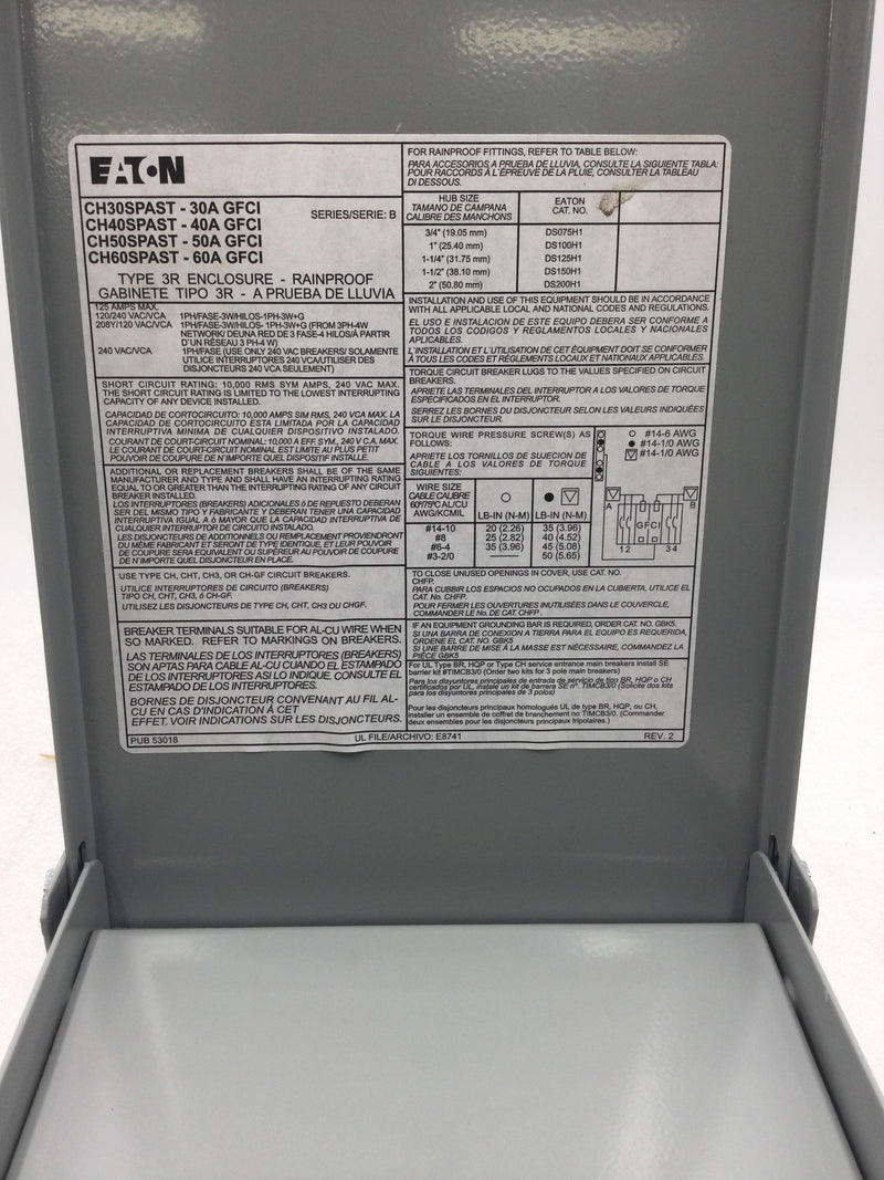 Eaton CH50SPAST 50 Amp 2 Pole 120/240V Nema 3R Hot Tub Panel