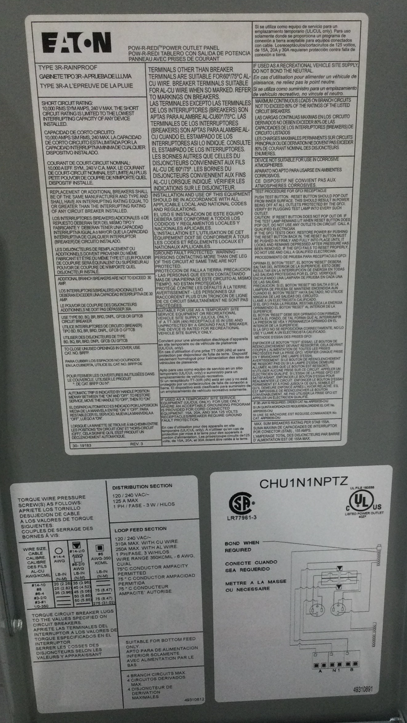 EATON CHU1N1NPTZ 4-Circuit Unmetered Power Outlet Pedestal 50 AMP