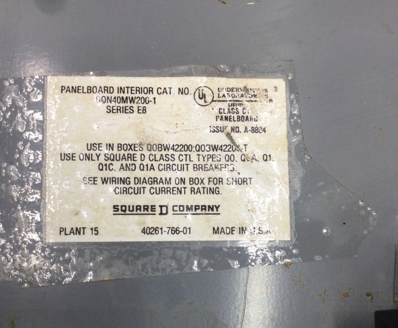 Square D QON40MW200-1 40 Circuit 200 Amp 120/240 VAC Load Center Guts Only 6" X 29"