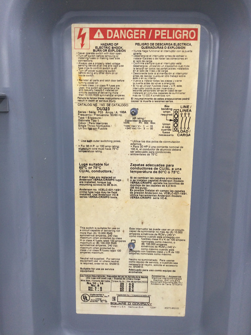 Square D DU323 Fused 240v 3 Phase 100 Amp Safety Switch