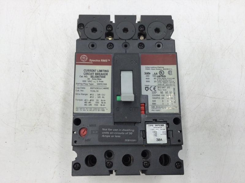 GE General Electric SELA36AT0030 3 Pole 600v 30 Amp Spectra RMS Circuit Breaker w/SRPE 30A Plug
