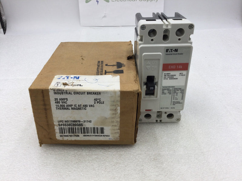 Eaton/Westinghouse EHD2020 2 Pole 20a 480v EHD 14k Circuit Breaker