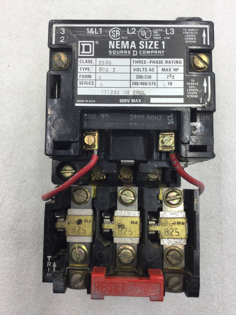 Square D 8536 SCG3-A Series A Starter/Contactor 200-575 VAC 7.5 to 10 HP Nema Size 1 with Reset Switch