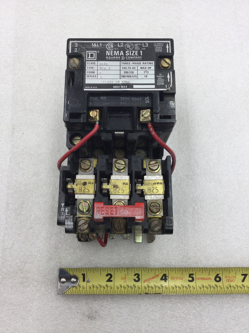 Square D 8536 SCG3-A Series A Starter/Contactor 200-575 VAC 7.5 to 10 HP Nema Size 1 with Reset Switch