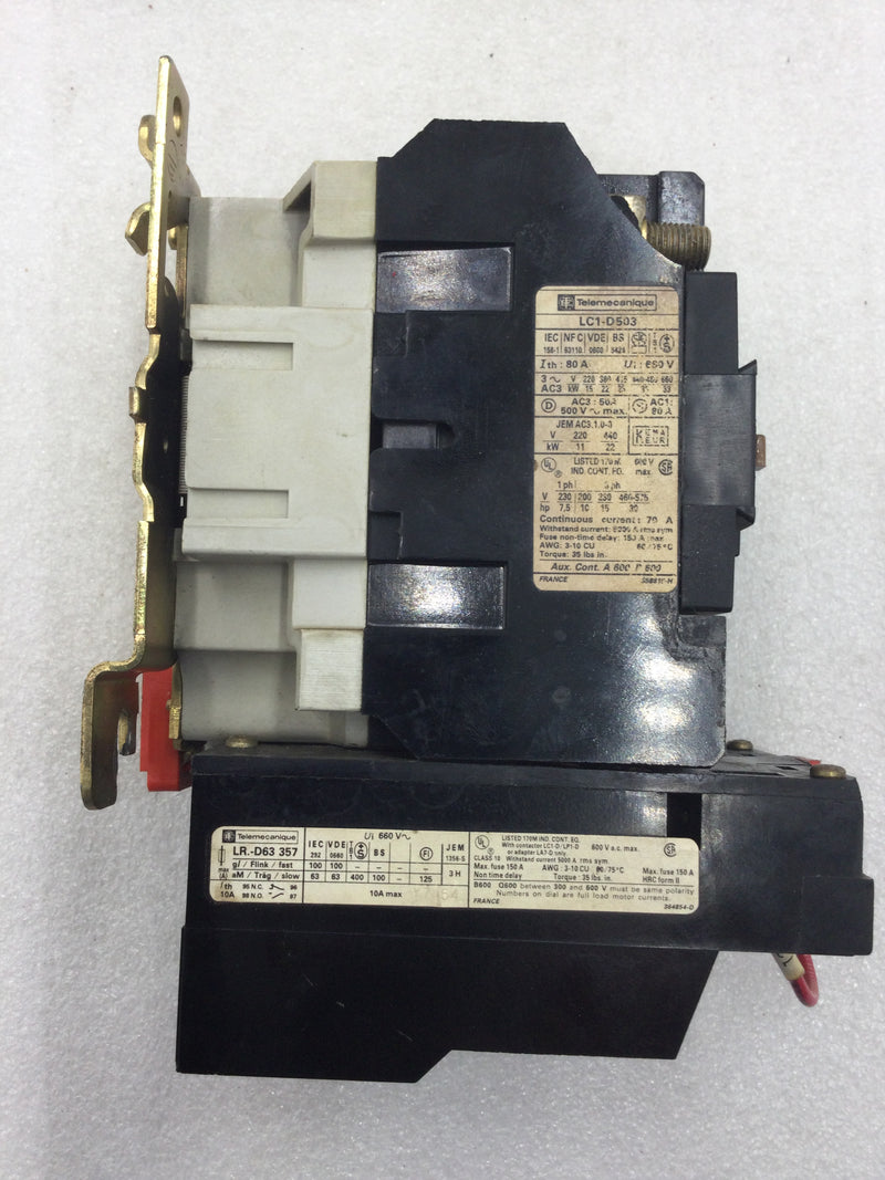 Schneider Electric/Telemecanique LC1-D503 Contactor/Starter 3 Pole 230/660 VAC 50 Amp with LR1-D63357 Overload Relay