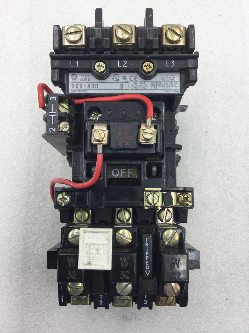 Allen-Bradley 509-AOD Size 0 18 Amp Motor Starter Series B 120-600 VA with Overload Relay and 595-A Auxiliary Contact Module