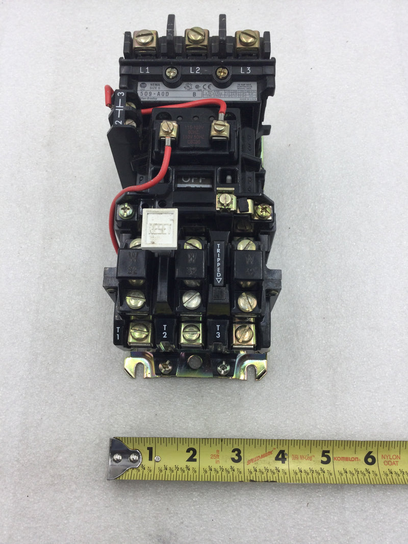 Allen-Bradley 509-AOD Size 0 18 Amp Motor Starter Series B 120-600 VA with Overload Relay and 595-A Auxiliary Contact Module