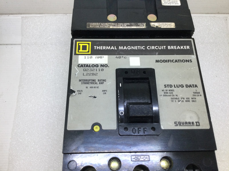 Square D Q232110 100 Amp 3 Pole 240V I Line Circuit Breaker