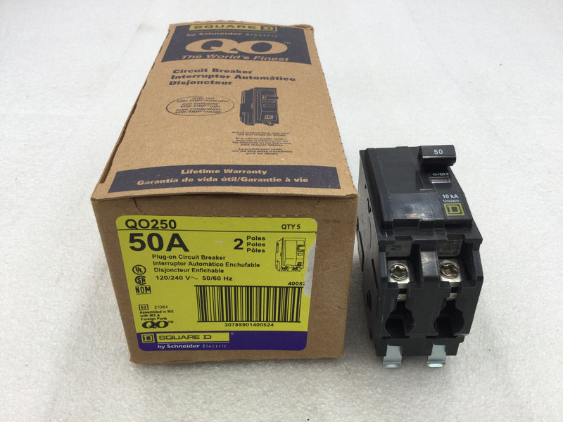 Square D QO250 2 Pole 50A 120/240VAC Type QO Circuit Breaker - Yellow Face