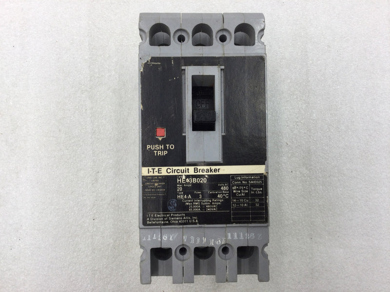 ITE HE43B020 20 Amp 3 Pole HE Series Bolt-On Circuit Breaker