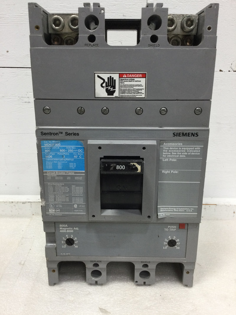 Siemens ITE Sentron MD62F800 800 Amp 2 Pole 600AC 250DC MD6 Circuit Breaker