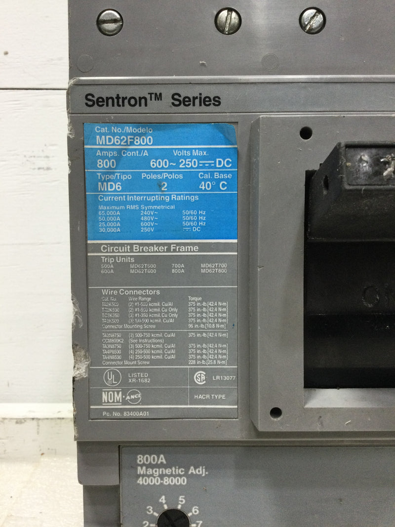 Siemens ITE Sentron MD62F800 800 Amp 2 Pole 600AC 250DC MD6 Circuit Breaker