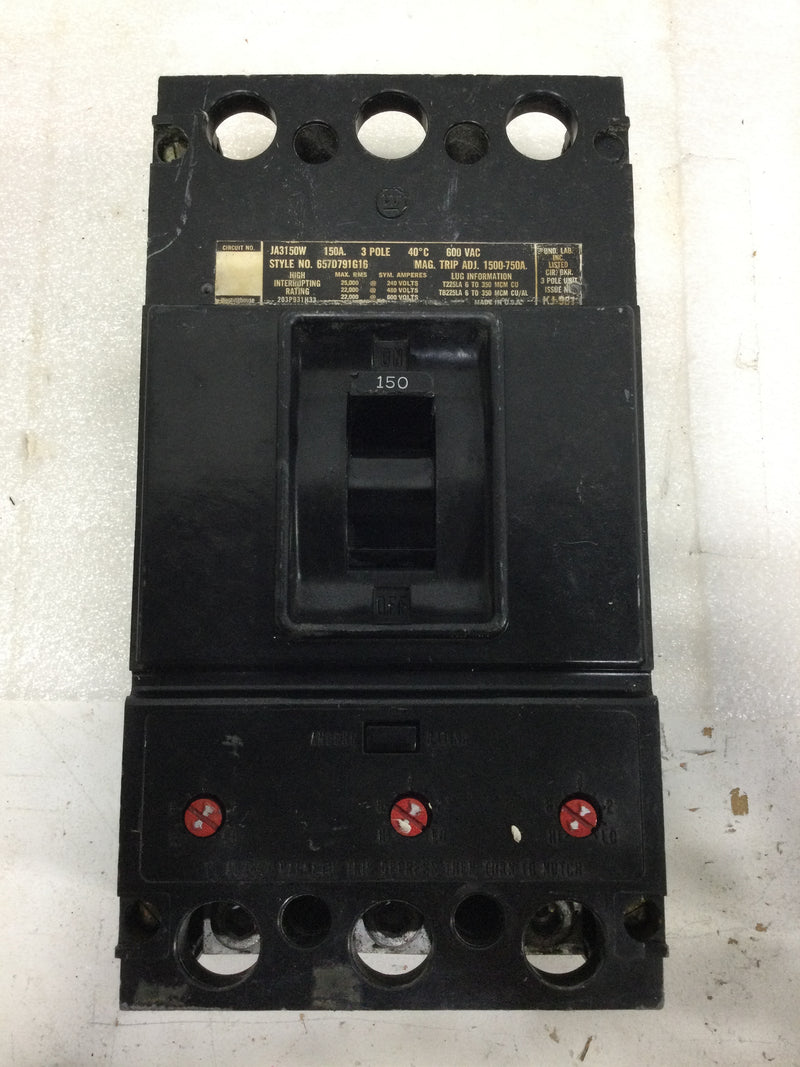 Westinghouse JA3150W 150 Amp 3 Pole TYPE JA 600v Circuit Breaker