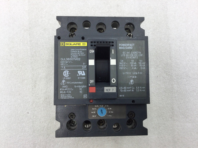 Square D GJL36007M02 7 Amp 3 Pole Feed-Thru Circuit Breaker Powerpact Mag-Gard